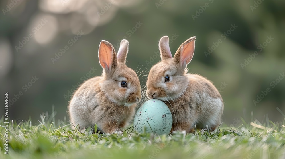 Two bunnies are chasing Easter eggs in the meadow. There are Easter eggs placed in various places. Two bunnies are chasing Easter eggs in the meadow. There are Easter eggs placed in various places.