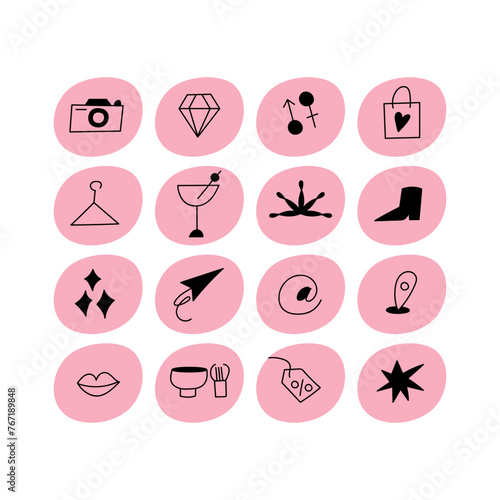 Vector set design colorful templates fashion icons and emblems - social media story highlight. Different blogger icons in trendy linear style isolated on white background