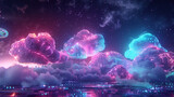 dark background, showcasing neon-lit clouds symbolizing data storage and cloud computing technology, with AI-inspired neon accents reflecting the seamless synergy between artificial intelligence