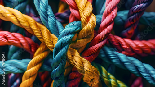 Team rope diverse strength connect partnership together teamwork unity communicate support. Strong diverse network rope team concept integrate braid color background cooperation empower power.