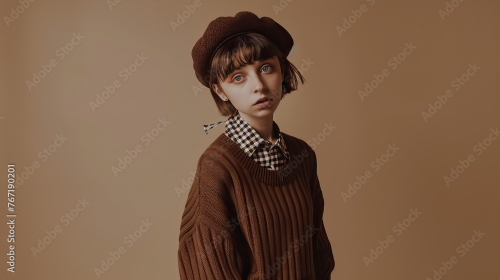 Girl in a brown jumper and cap on a beige background
Girl in a brown jumper and cap on a beige background