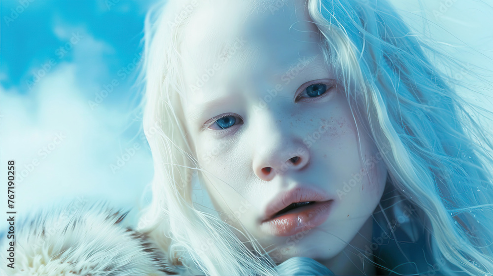 Albino girl on a blue background
