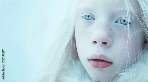 Albino girl on a blue background 