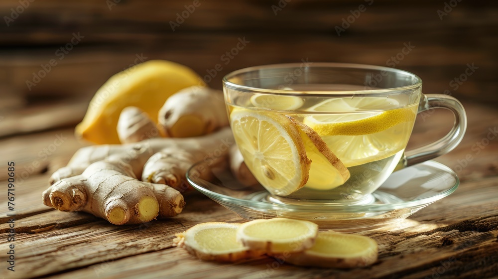 Ginger and lemon tea in a glass cup with ginger rhizome (root) sliced on a wooden table Ginger and lemon tea in a glass cup with ginger rhizome (root) sliced on a wooden table