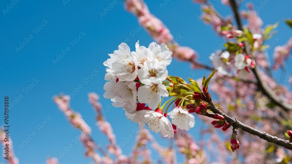 Outdoor springtime nature with white cherry blossom, blue background Outdoor springtime nature with white cherry blossom, blue background