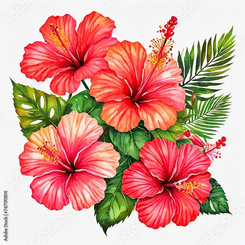 Watercolor hibiscus clipart with tropical blooms in shades of red and pink