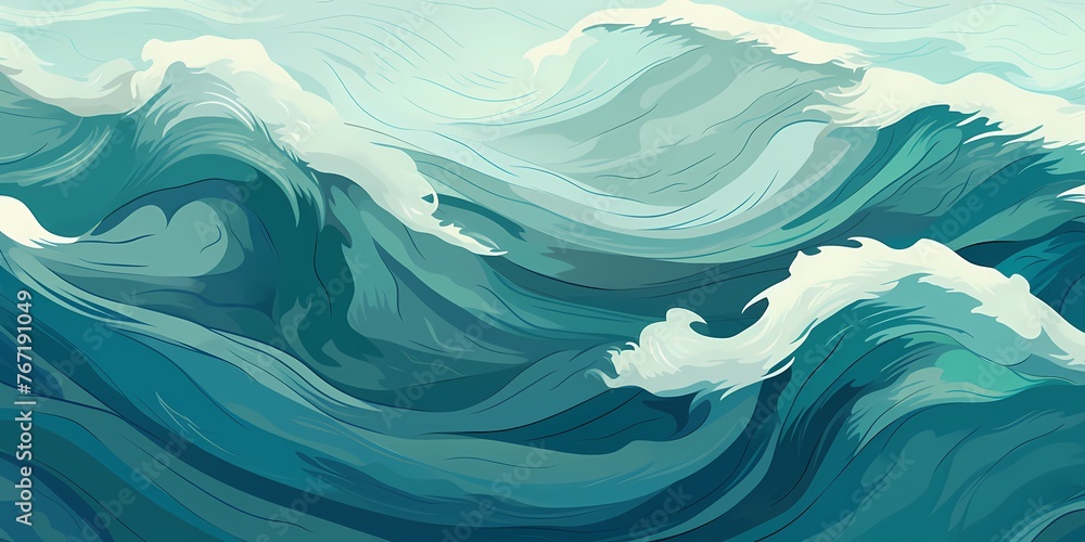 Fototapeta Animated cartoon waves in shades of jade and cerulean, illustrating the dynamic movement in a raw and whimsical illustration.