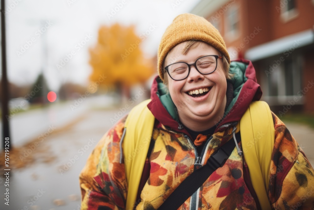 Down syndrome persona, resilience and positivity, radiant joy, genuine smile.