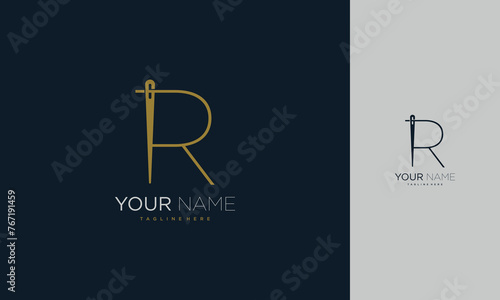 Initial letter R sewing logo formed from thread and needle with gold colour photo