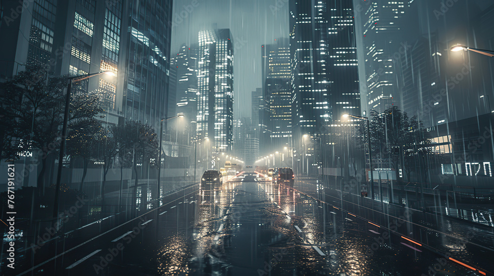 cyberpunk city at night, shrouded in fog and rain, with towering skyscrapers looming over empty streets, evoking a sense of solitude and melancholy, ideal for immersive digital wallpapers