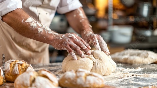 Baker's hands knead dough in bakery