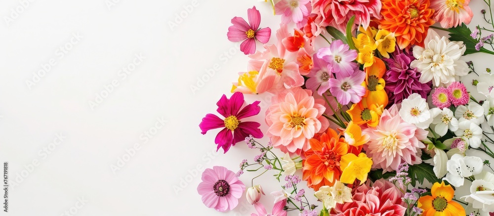 Floral arrangement. Wreath comprised of different vibrant flowers against a white backdrop. Representing Easter, spring, and summer themes. Flat lay style with a top-down view and room for text.