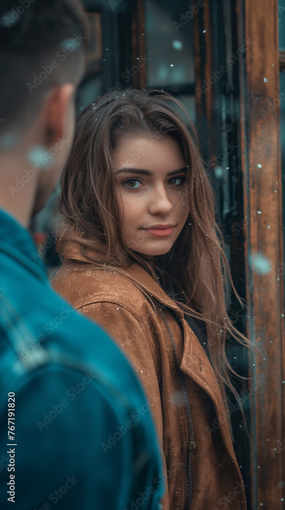 Obraz premium A digital photo of maximum quality of a man passing by a beautiful girl. be sure to leave room for text in the background