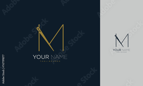 Initial letter M sewing logo formed from thread and needle with gold colour
