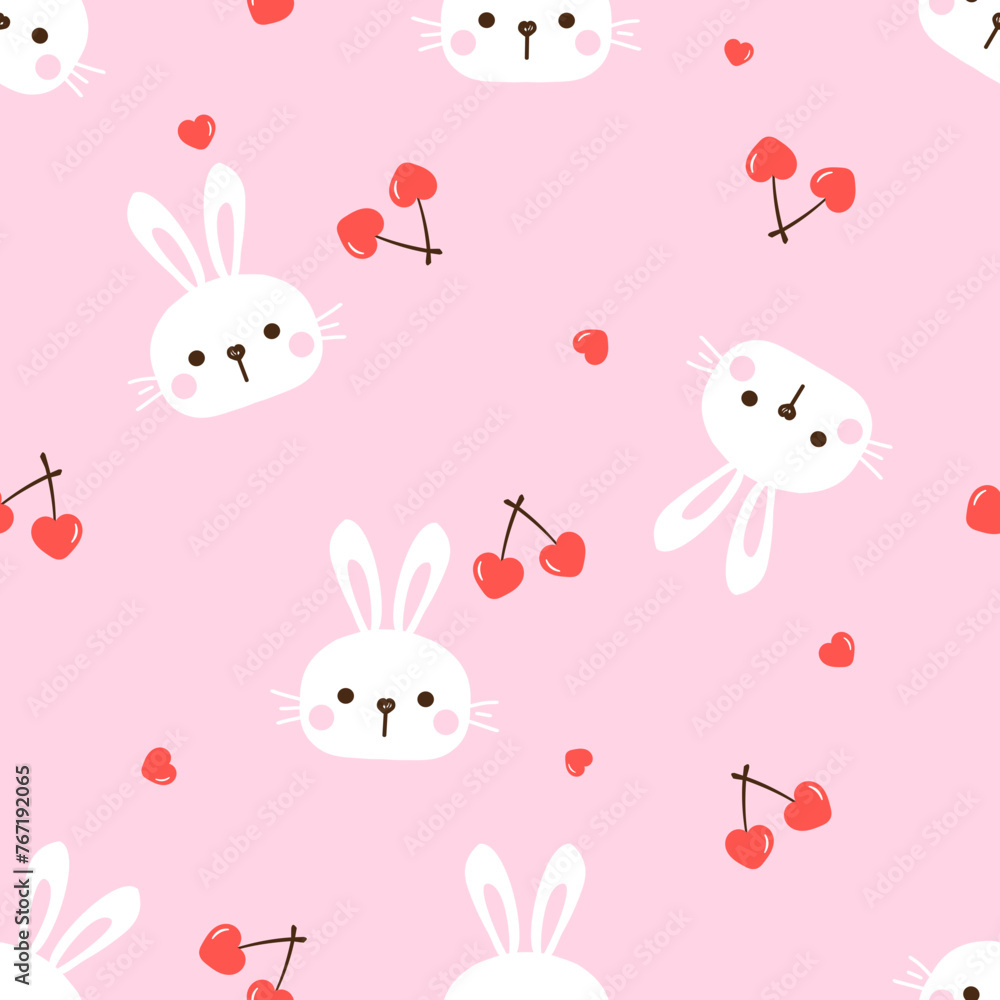 Seamless pattern with bunny rabbit cartoons and heart shape cherry fruit on pink background vector. Seamless pattern with bunny rabbit cartoons and heart shape cherry fruit on pink background vector.