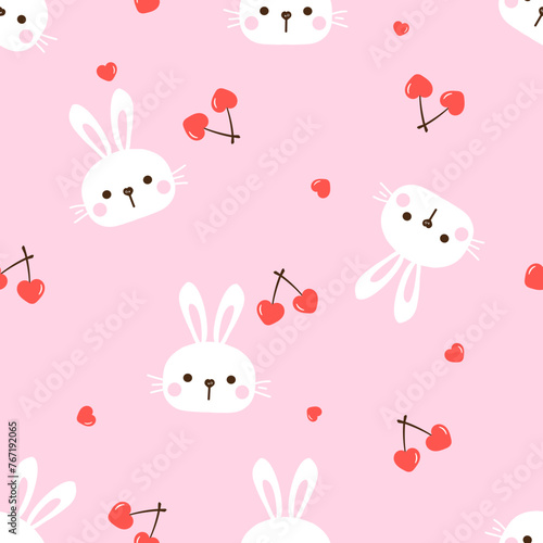 Seamless pattern with bunny rabbit cartoons and heart shape cherry fruit on pink background vector.