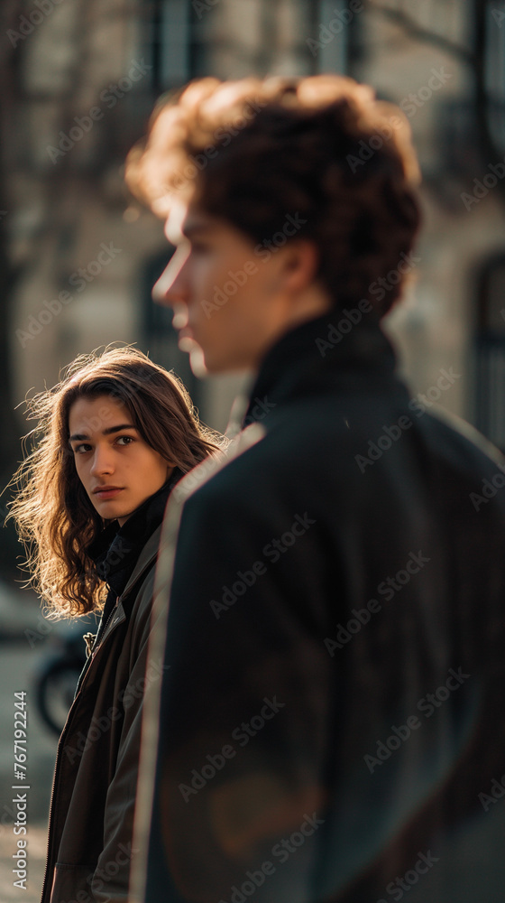A digital photo of maximum quality of a man passing by a beautiful girl. be sure to leave room for text in the background A digital photo of maximum quality of a man passing by a beautiful girl. be sure to leave room for text in the background