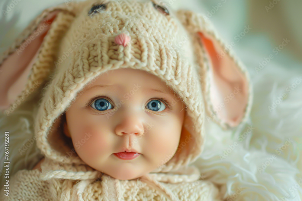 A baby wearing an adorable bunny hat, their expression a mix of curiosity and sweetness A baby wearing an adorable bunny hat, their expression a mix of curiosity and sweetness