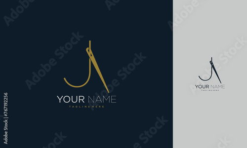 Initial letter J sewing logo formed from thread and needle with gold colour