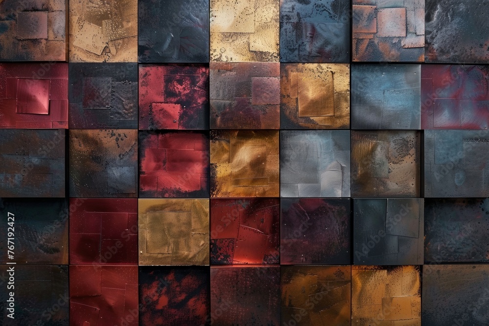 Abstract background with square blocks made from different metallic materials, in red, gold, and dark blue tones