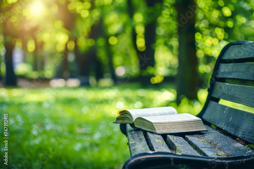 A book left open on a bench in a serene park, inviting passersby to take a moment and read