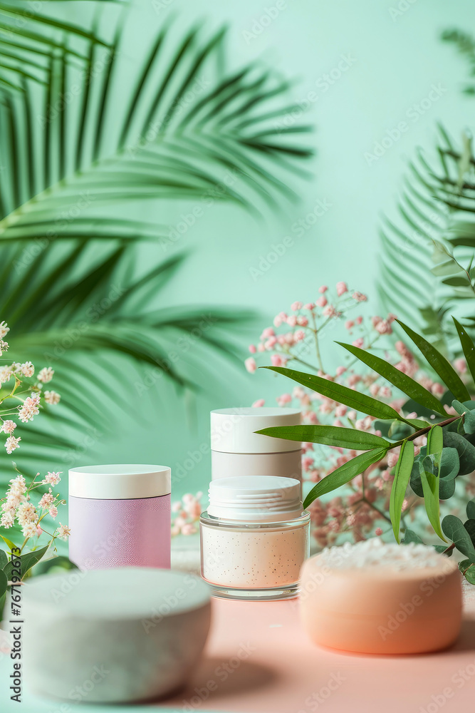 Vertical cosmetic mockup. Banner with cream jar, container, serum bottle, dry flowers and leaf. Shadows effect. Skin Care beauty concept. Showcase for product presentation. Generative ai Vertical cosmetic mockup. Banner with cream jar, container, serum bottle, dry flowers and leaf. Shadows effect. Skin Care beauty concept. Showcase for product presentation. Generative ai