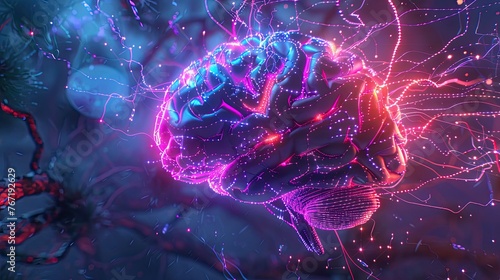 A neon brain interface showcasing thoughts and ideas as glowing connections in a network