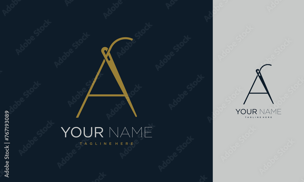 Initial letter A sewing logo formed from thread and needle with gold colour Initial letter A sewing logo formed from thread and needle with gold colour