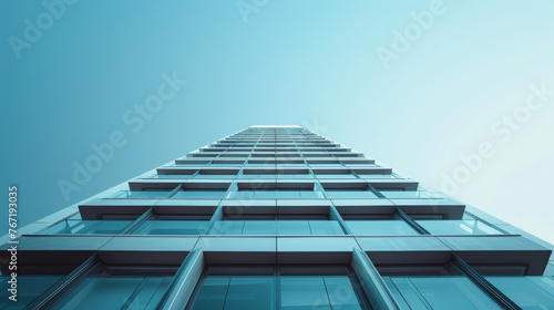 Modern skyscraper reaching into blue sky, architectural perspective