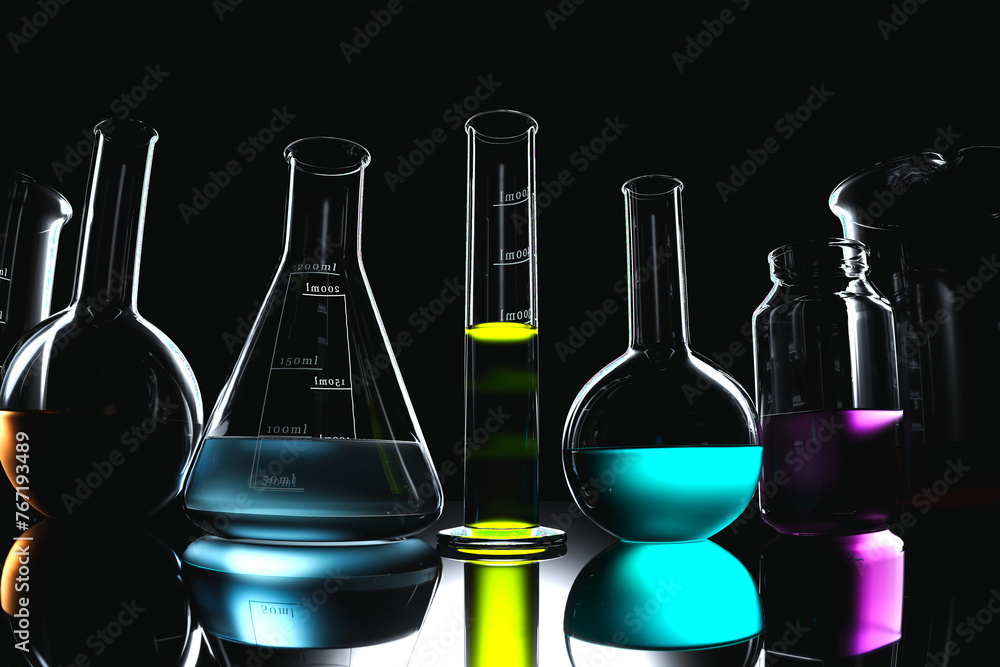 Vibrant Chemicals in Laboratory Glassware on a Reflective Surface for Research Vibrant Chemicals in Laboratory Glassware on a Reflective Surface for Research