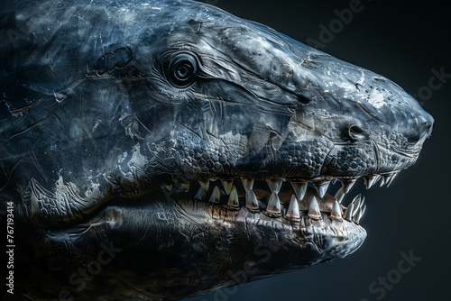 A megalodon mouth is open  showing its teeth. The image has a dark and ominous mood  as the megalodon teeth are sharp and menacing