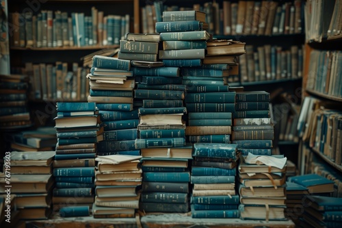 Stack of various books in library