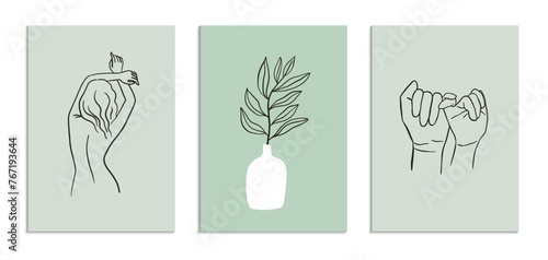 Set of posters template with minimalistic female figure. Linear female body and floral elements. Modern abstract line art style. Minimal wall art. Vector illustration. 