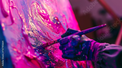 Painter's hand applying vivid pink and purple hues to a textured canvas