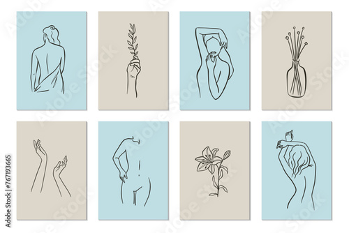 Set of posters template with minimalistic female figure. Linear female body and floral elements. Modern abstract line art style. Minimal wall art. Vector illustration. 