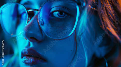 Close-up of a woman's face with blue neon light reflecting on shiny makeup