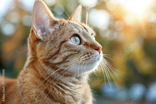 Ginger tabby cat with striking green eyes in sunlit outdoor setting