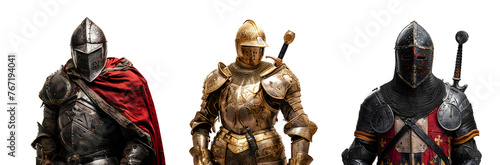 Variety of Medieval Knight Garb in Various Forms: Half-Body Armor Close-Ups, Isolated on Transparent Background, PNG