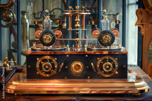 A steampunk-inspired device with brass gears and crystal resonators. It tunes into alternate realities, revealing hidden wonders ,schematic diagram photo