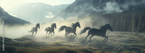 Horses, their manes of fire a testament to their power, race the wind across valleys shrouded in mystery , 3D illustration photo