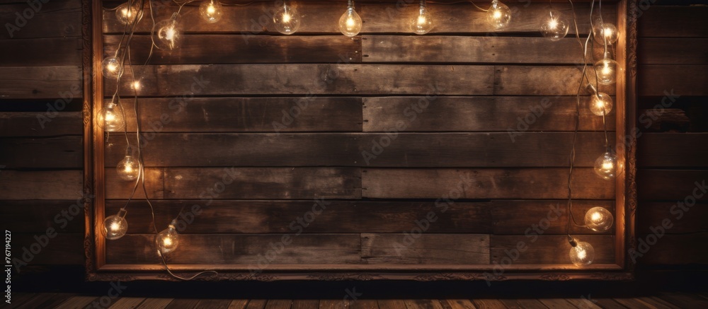 A wooden rectangle wall in a dimly lit room with amber automotive lighting hanging on it. The brown wood contrasts with the dark flooring A wooden rectangle wall in a dimly lit room with amber automotive lighting hanging on it. The brown wood contrasts with the dark flooring