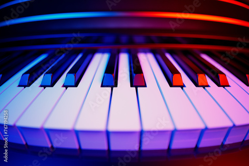 Obraz na płótnie Vibrantly Lit Piano Keyboard Close-Up - A Symphony of Colors and Music w salonie