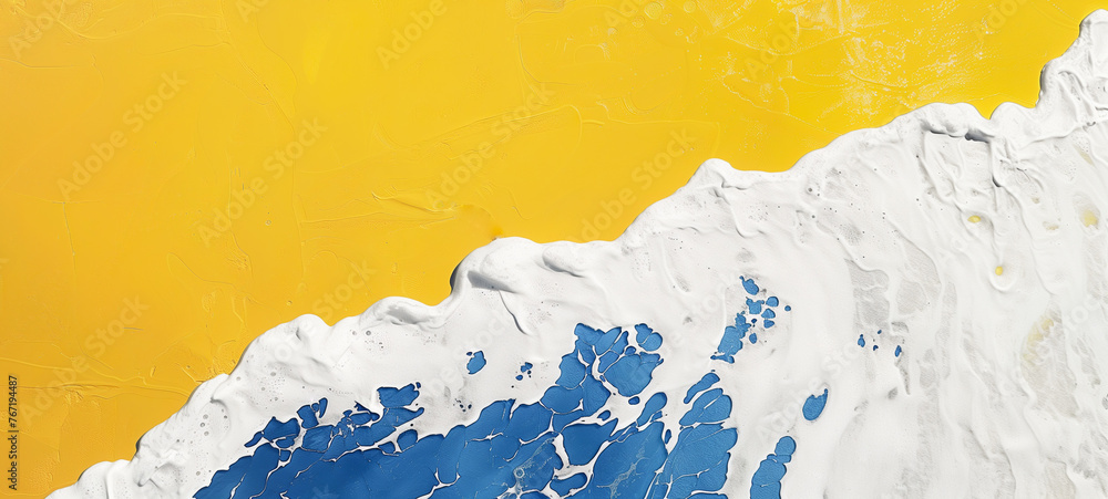 White sea foam of blue ocean wave on yellow beach sand. Brushstroke paint texture of minimalist art of top lay for copy space on text banner. Trendy, modern style seascape beach travel by Vita  - obrazy, fototapety, plakaty 