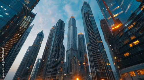 Twilight glow on skyscrapers in modern cityscape