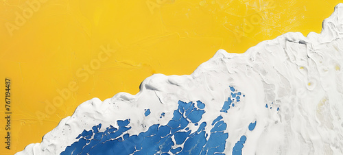 White sea foam of blue ocean wave on yellow beach sand. Brushstroke paint texture of minimalist art of top lay for copy space on text banner. Trendy, modern style seascape beach travel by Vita  photo