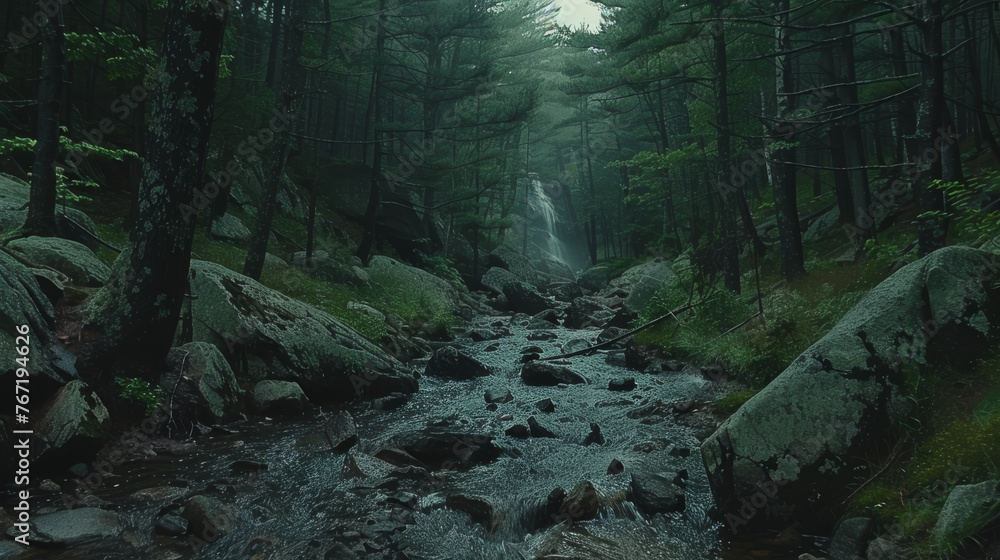 Misty forest creek with rocks and faint sunlight through trees