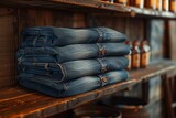 Folded jeans on a wooden shelf in store
