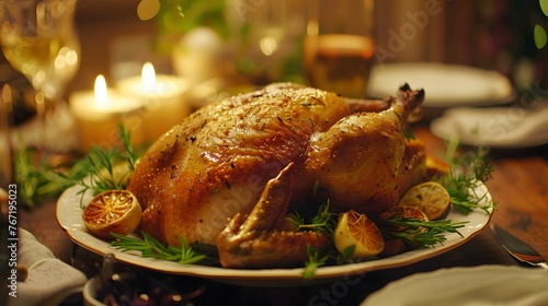 Wallpaper Mural Golden roasted chicken, herbs glistening, family dinner centerpiece Torontodigital.ca