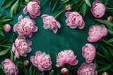 Pink Peony Flowers on Green Background, Beautiful Floral Arrangement in Flat Lay Style with Top View