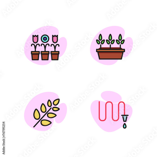 Gardening line icon set. Wheat ear, sprouts in pot, flowers, hose. Agriculture concept. Can be used for topics like farm, harvest, cultivation, nature.